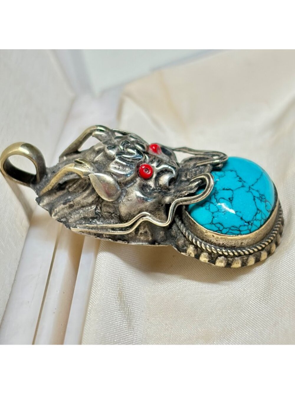 Dragon Pendant Silver Tone Blue Cabochon Red Eyes Gothic Fantasy 1.75" - Picture 10 of 11
